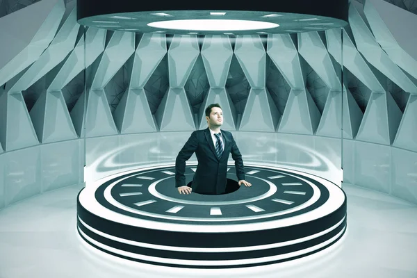 Intérieur de la chambre avec homme d'affaires dans une station de téléportation futuriste abstraite. Concept de localisation. Rendu 3D — Photo