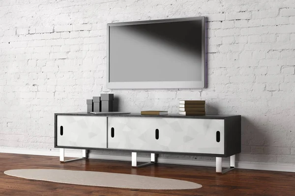 TV beyaz tuğla duvar, ahşap zemin ve halı ile oturma odası iç boş perde ile ayarlayın. Entretainment kavramı. Alay etmek yukarıya, 3d render 