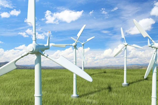 Wind mills in field with green grass and bright blue sky. Environment concept. 3D Rendering — Stock Photo, Image