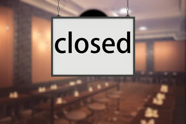Modern blurry restaurant interior with hanging closed sign. Working hours concept. 3D Rendering — Stock Photo, Image