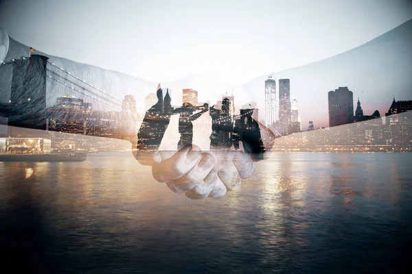 Handshake on abstract waterfront city background. Partnership concept. Double exposure — Stock Photo, Image