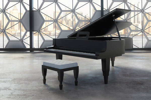 Concrete interior with black piano and creative window frame with city view and daylight. Decor concept. 3D Rendering 