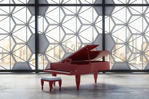 Бетонный интерьер с красным пианино и креативной оконной рамой с видом на город и дневным светом. Роскошная концепция. 3D рендеринг — стоковое фото