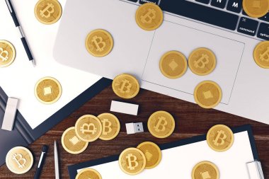 Üstten Görünüm ahşap ofis masaüstü malzemeleri, laptop klavye ve altın bitcoins. Ekonomi kavramı. 3D render 