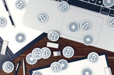 Üstten Görünüm ahşap ofis masaüstü malzemeleri, laptop klavye ve gümüş bitcoins. Yatırım kavramı. 3D render 