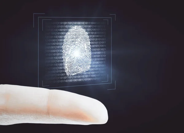Δάχτυλο εκμετάλλευση αφηρημένη λαμπερό δυαδικό κώδικα δακτυλικών αποτυπωμάτων σάρωση σε σκούρο φόντο. Έννοια της ασφάλειας — Φωτογραφία Αρχείου