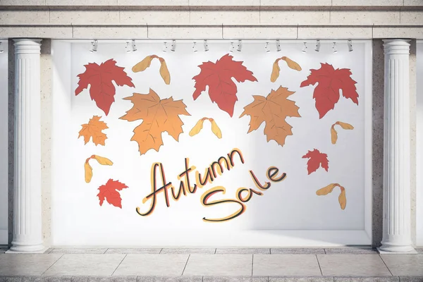 Storefront, window display, glass showcase exterior with concrete columns and creative autumn leaves, fall foliage sale sketch drawing in daylight. Promotion concept. 3D Rendering