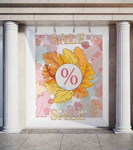 Storefront, window display, glass showcase exterior with concrete columns and creative autumn leaves, fall foliage sale sketch drawing in daylight. Retail concept. 3D Rendering