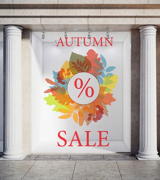 Storefront, window display, glass showcase exterior with concrete columns and creative autumn leaves, fall foliage sale sketch drawing in daylight. Discount concept. 3D Rendering