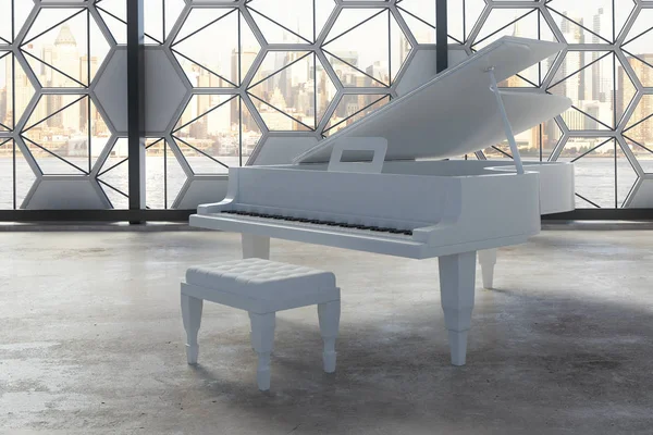 Бетонный интерьер с белым пианино и креативной оконной рамой с видом на город и дневным светом. Концепция галереи 3D рендеринг — стоковое фото