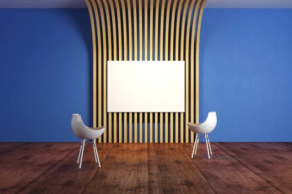 Blue room with billboard and chairs — Stock Photo, Image