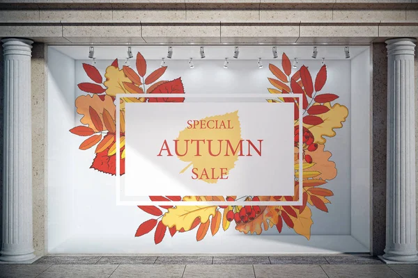 Schaufenster, Schaufenster, Glasvitrine außen mit Betonsäulen und kreativen Herbstblättern, Herbst Laub Verkauf Skizze Zeichnung bei Tageslicht. Promo-Konzept. 3D-Darstellung — Stockfoto