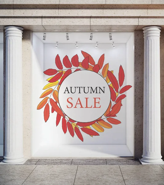 Storefront, window display, glass showcase exterior with concrete columns and creative autumn leaves, fall foliage sale sketch drawing in daylight. Advertising concept. 3D Rendering