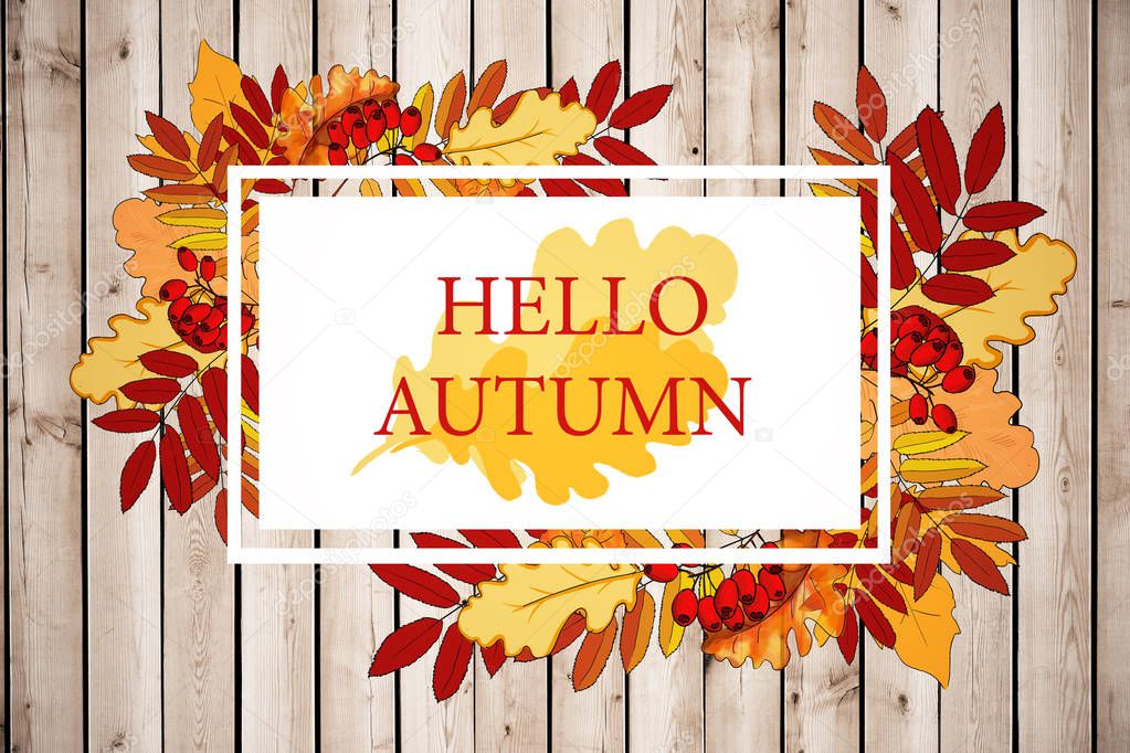 Abstract banner with autumn foliage and text on wooden plank background. Environment concept 