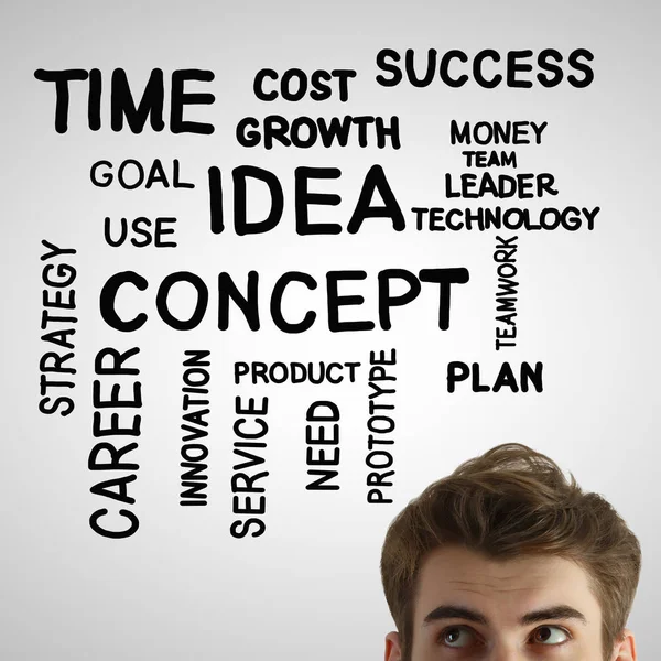 Retrato de empresário pensativo em fundo branco com palavras de negócios. Conceito de tecnologia — Fotografia de Stock