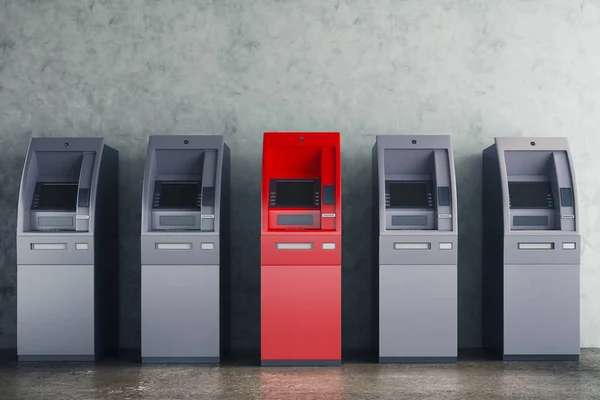 Grauer und roter Geldautomat im Inneren aus Beton — Stockfoto