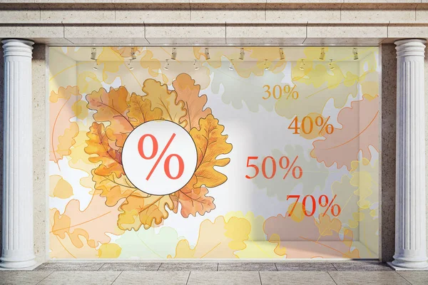 Storefront, window display, glass showcase exterior with concrete columns and creative autumn leaves, fall foliage sale sketch drawing in daylight. Marketing concept. 3D Rendering