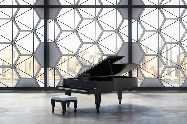 Бетонный интерьер с черным пианино и креативной оконной рамой с видом на город и дневным светом. Концертная концепция. 3D рендеринг — стоковое фото