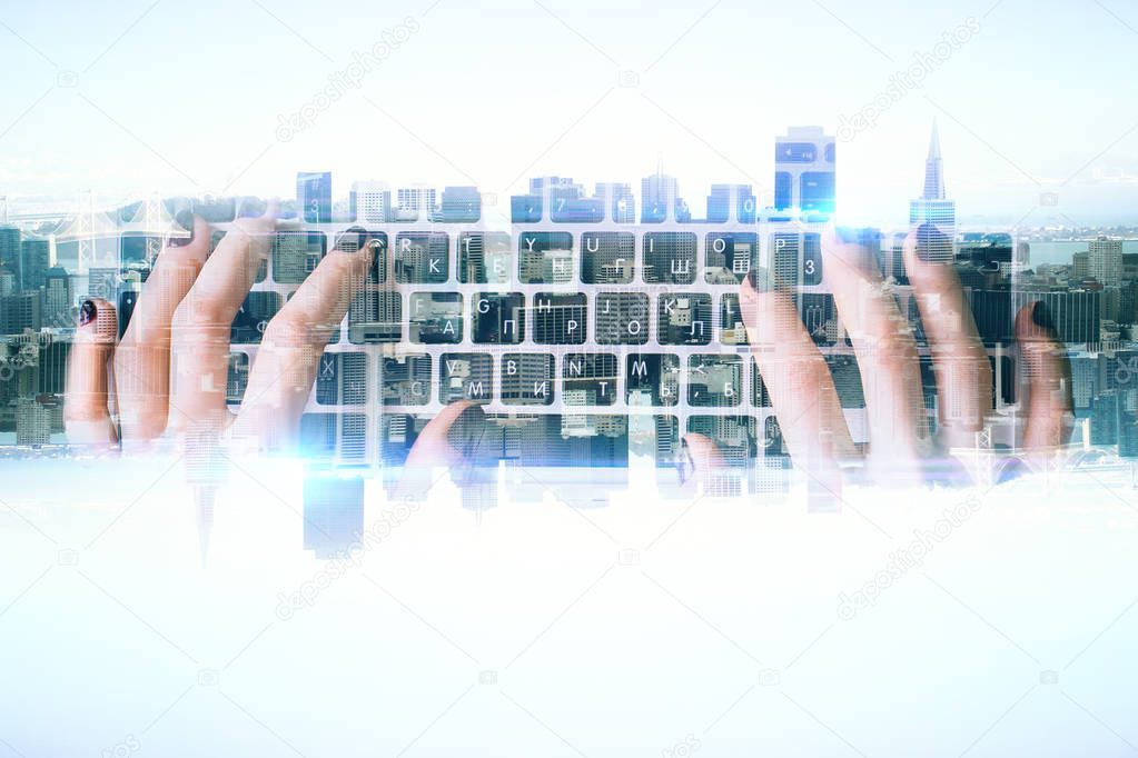 Close up of businesswoman hands using abstract illuminated keyboard on city background. Innovation concept. Double exposure 