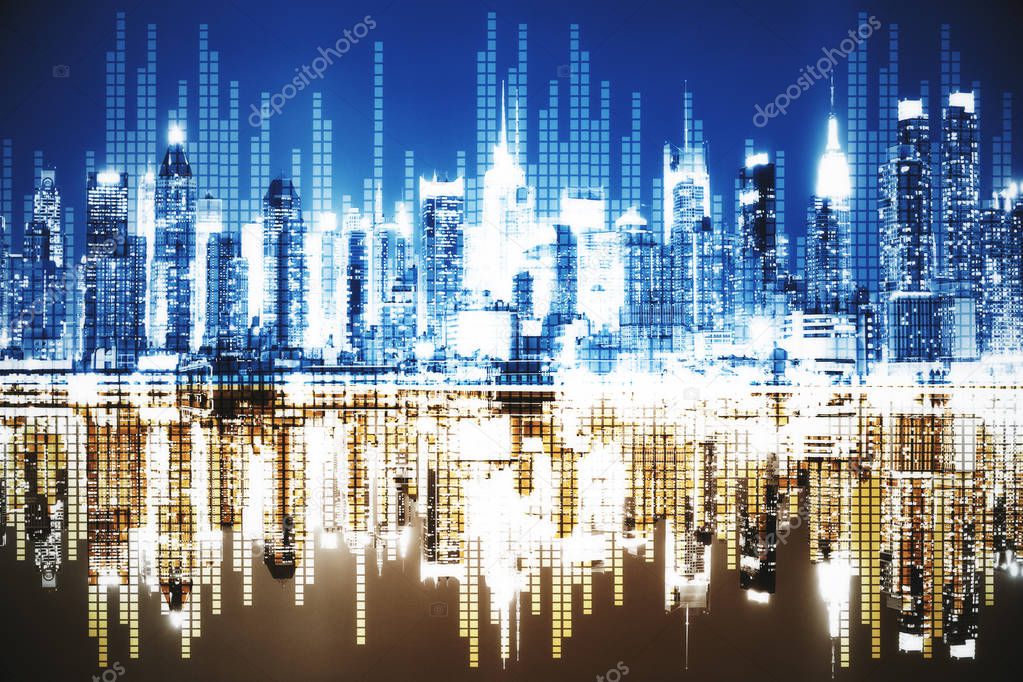 Abstract business chart city background. Finance concept. Double exposure 