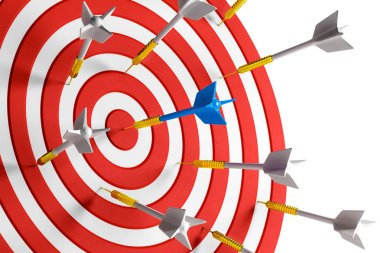 Başarı dart tahtası hedef oklarla beyaz zemin üzerine kapatın. Bullseye kavramı. 3D render 