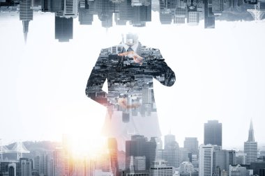 Soyut resim Kopyala yer yaratıcı şehir arka planda tutan işadamı. İş kavramı. Çift pozlama