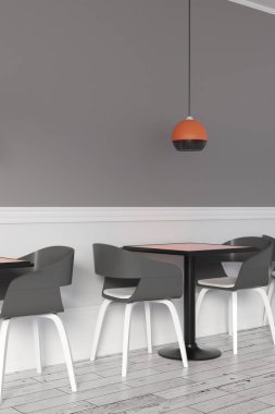 Cafe iç lambalar, Masa, sandalye ve kopya alanı beton duvar ile. Tonlu görüntü. 3D render 