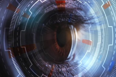 Göz soyut dijital modeli ile kapatın. Kimlik kavramı. Çift pozlama 