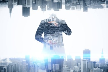 Soyut resim Kopyala yer yaratıcı şehir arka planda tutan işadamı. İlham kavramı. Çift pozlama