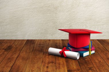 Kırmızı kolej, kitap ve diploma ahşap yüzey ve beton duvar zemin üzerine yerleştirilir. Mezuniyet kavramı. 3D render 