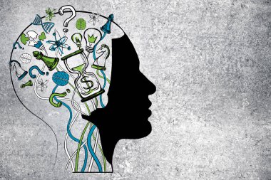 Soyut kafa wutg yaratıcı kroki üzerinde açık renkli anahat. Kavram düşünüyorum