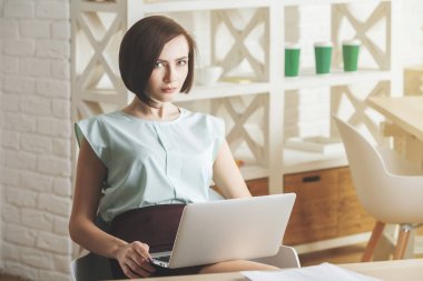 dizüstü bilgisayar kullanan çekici kadın 