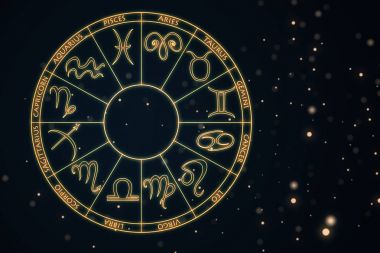 Zodial işareti burç cirlce koyu arka plan üzerinde. Yaratıcı arka plan. Astroloji kavramı. 3D render 