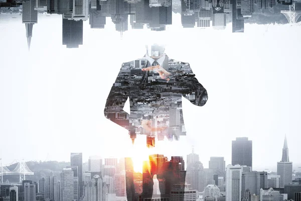 Soyut resim Kopyala yer yaratıcı şehir arka planda tutan işadamı. İş kavramı. Çift pozlama