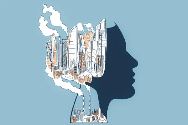 Abstract head outline with drawn city and smoke on blue background. Environment concept