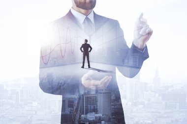 İş grafik parlak şehir arka plan üzerinde çizim iş adamı. Ekonomi kavramı. Çift pozlama 