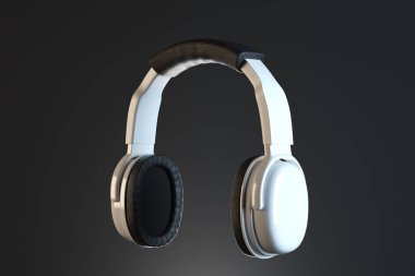 Beyaz kulaklık ya da kulaklık koyu arka plan üzerinde. Teknoloji kavramı. 3D render 
