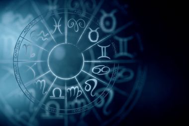 Zodial işareti burç cirlce koyu arka plan üzerinde. Yaratıcı arka plan. Astronomi kavramı. 3D render 