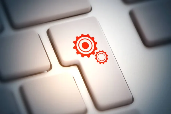 Close up of abstract keyboard button with cogwheel icon. Teamwork concept. 3D Rendering — Stock Photo, Image