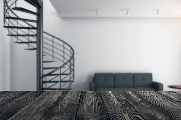 Surface en bois sombre vide avec salon moderne flou en arrière-plan. Concept publicitaire. Maquette, rendu 3D — Photo