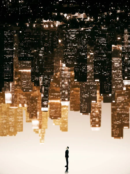 Tiny businessman on abstract upside down city background. Pensive concept — Stock Photo, Image