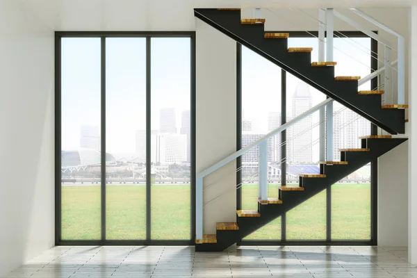 Modern iç merdiven ve şehir manzaralı. İleriye doğru kavramı. 3D render — Stok fotoğraf