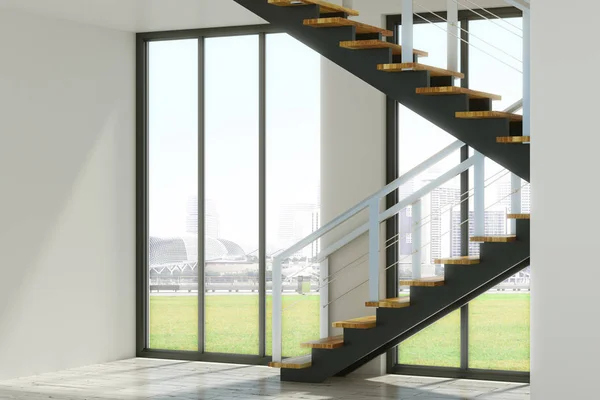 Modern interior with stairs and city view. Success concept. 3D Rendering — Stock Photo, Image