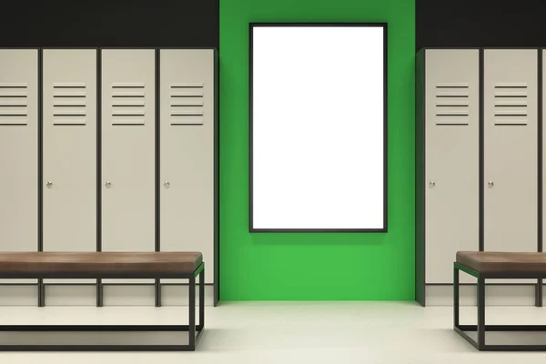 Modern green locker room with banner