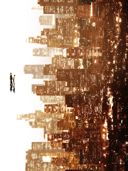 Küçük iş adamı ve soyut yana şehir arka plan üzerinde kadın. Kavram düşünüyorum 