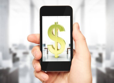 Dolar işareti olan Smartphone bulanık iç arka plan üzerinde tutan el. E-iş kavramı. 3D render 