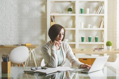 Projede işyerinde çalışan çekici kadın. Kadın Sekreter dizüstü kullanarak ve modern ofis evrak işi yapıyor. Beyin fırtınası kavramı 