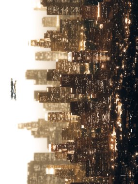 Küçük iş adamı ve soyut yana şehir arka plan üzerinde kadın. Soyutlama kavramı 