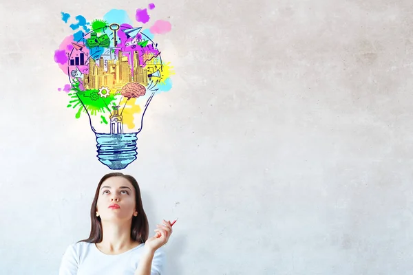 Portrait of attractive young european woman on concrete wall baclground with creative business sketch. Idea concept — Stock Photo, Image