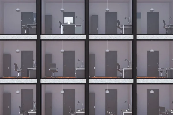 Edifício de vidro abstrato fundo com interiores de escritório visíveis. Conceito futuro. Renderização 3D — Fotografia de Stock